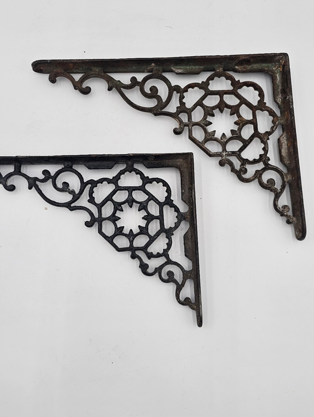 Ornate Vintage Cast‑Iron Shelf Brackets — Beautiful Mismatched Pair